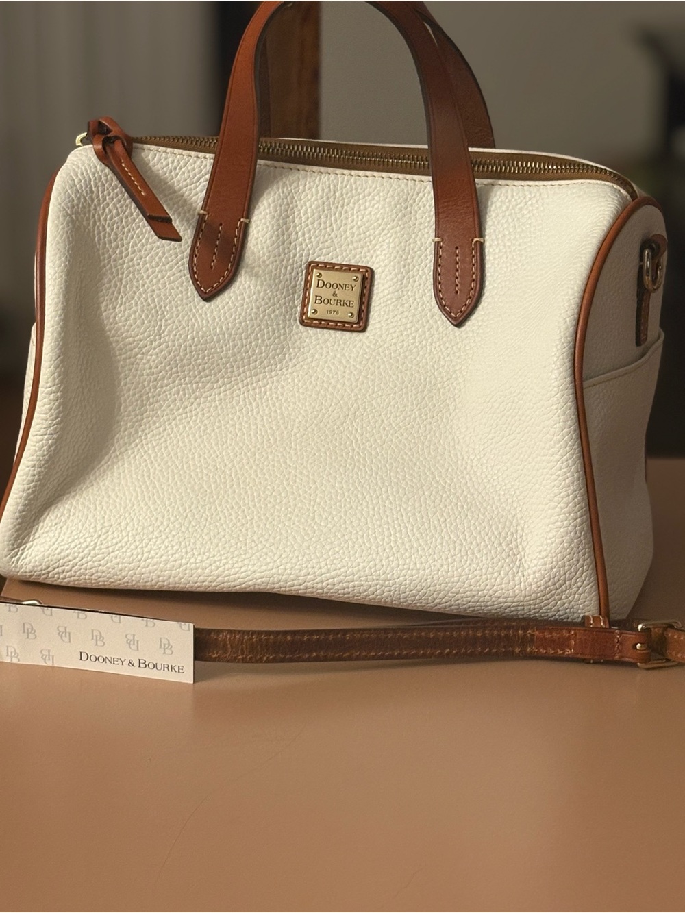 Dooney & Bourke White Pebbled Leather Satchel with Brown Trim - Picture 2 of 6